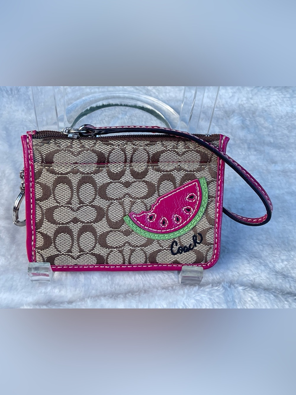Coach Brown Signature Canvas Wristlet with Pink & Green Watermelon Patch EUC
